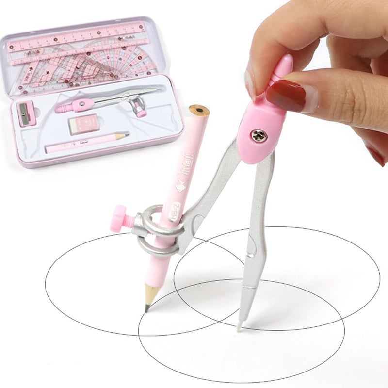 waremew 8 Pcs Compass/Math Set for Students with Shatterproof Storage Box, Geometry Set for School, Includes Ruler, Protractor, Compass, Pencil,Pencil Sharpener and Eraser,etc. Perfect Gift (Pink) - Image 3